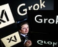 person's face on phone screen, next to other screens showing Grok logo