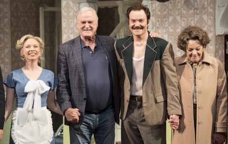 John Cleese (second from left) on stage with members of the Fawlty Towers Live cast after their opening night at Sydney’s Rosyln Packer Theatre.