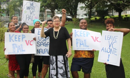 The University of the South Pacific’s chief librarian Elzabeth Reade-Fong protesting with students.
