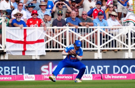 India's Abhishek Sharma catches out England's Harry Brook.