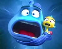 A blue, animated fish (Mr Fish) opens his mouth wide in shock, next to a startled yellow, animated sea dragon (Pip)