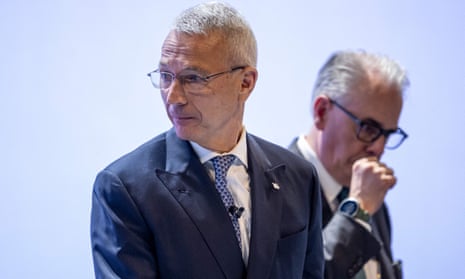 The Credit Suisse chair, Axel Lehmann (left) and its chief executive, Ulrich Körner, during a short break at the annual general meeting.
