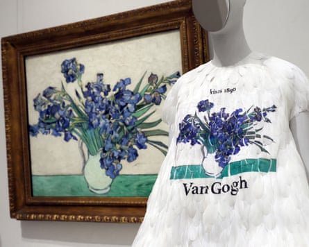an Yves Saint Laurent 1988 silk organza jacket decorated with Iirises paired with Van Gogh’s Irises