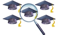 A mortar board hat and a magnifying glass