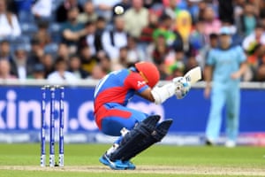 Hashmatullah Shahidi ducks bouncer from Mark Wood.