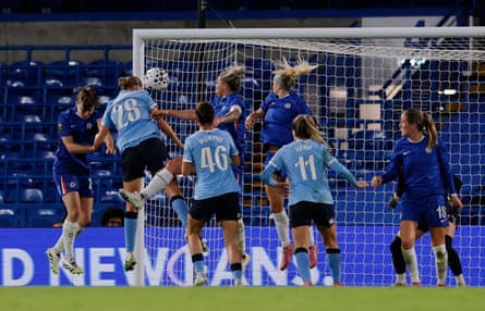 Chelsea’s Niamh Charles scores an own goal to make it 2-1.