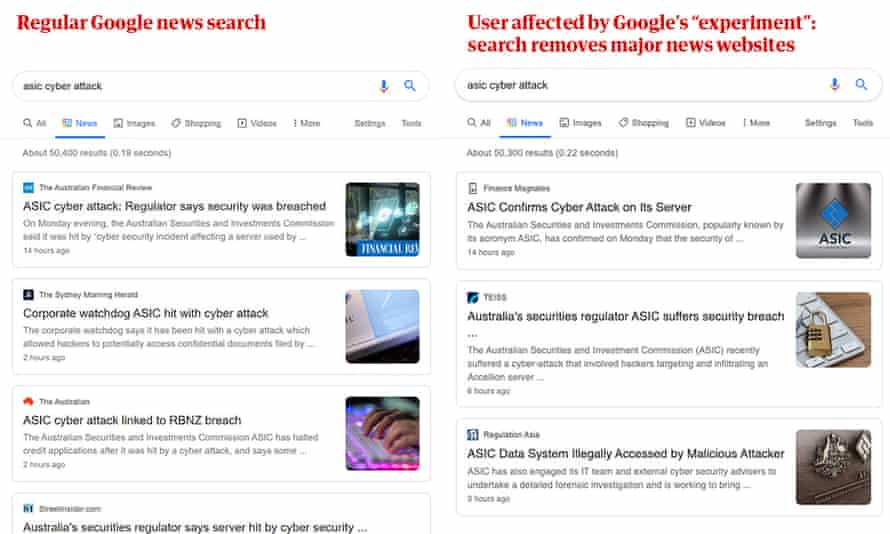 Comparison of two searches, one with Google's restriction on major Australian news sites
