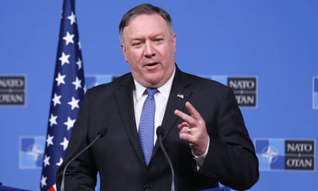 The US secretary of state, Mike Pompeo, addresses a press conference after the Nato foreign ministers’ meeting in Brussels, Belgium, on Tuesday.