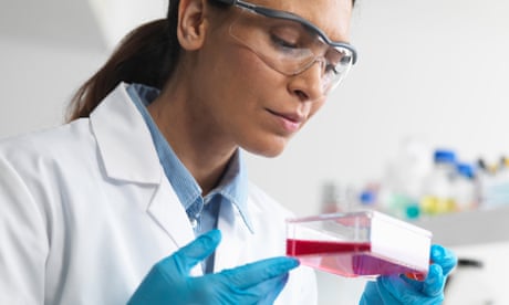 Cell biologist holding a flask containing stem cells, cultivated in red growth medium, to investigate diseases<br>GettyImages-492688361 (1)