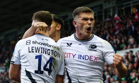 Owen Farrell celebrates after making Alex Lewington’s for Saracens at Northampton