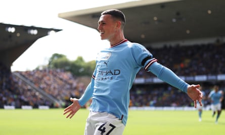 Lifelong Manchester City fan Phil Foden celebrates his goal at Molineux.