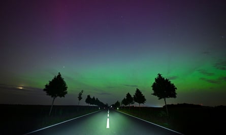 Northern lights in the night sky near Sieversdorf, Germany.