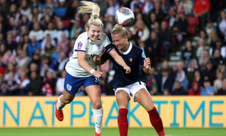 Lauren Hemp heads home England’s second goal against Scotland