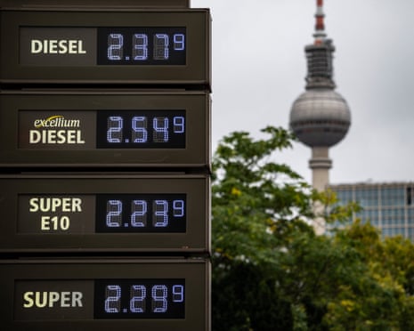 A digital billboard displays fuel prices at a petrol station in Berlin.