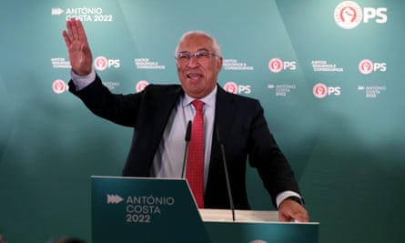 Portuguese prime minister and leader of the Socialist party (PS) Antonio Costa waves as he addresses the nation after winning the general election.