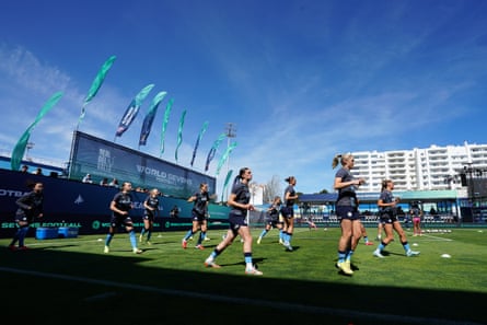 Manchester City players warm up before their game against Rosengård.