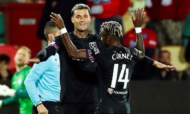 Gianluca Scamacca celebrates scoring West Ham’s second goal with Maxwel Cornet