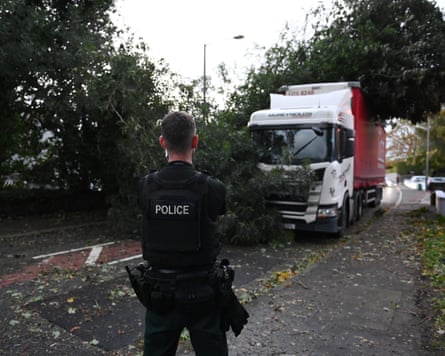 A lorry hit by a falling tree in Northern Ireland.