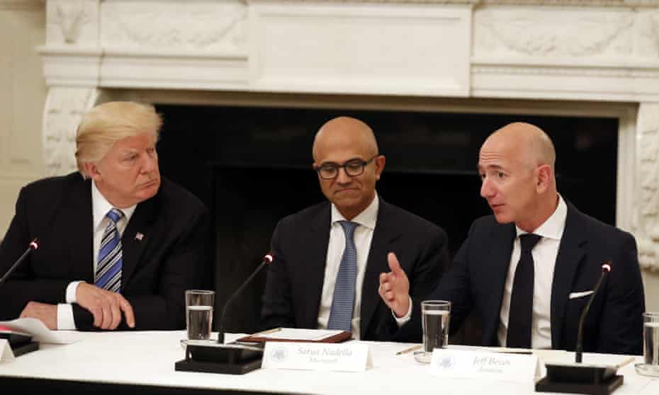 Donald Trump, Microsoft CEO Satya Nadella and Amazon CEO Jeff Bezos. Amazon and Microsoft are battling for a $10bn opportunity to build the US military its first ‘war cloud’.