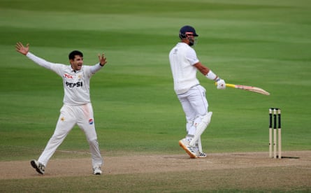 PakistanâÂÂs Mohammad Abbas appeals successfully for the lbw wicket of EnglandâÂÂs Emilio Gay