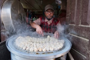 Freshly steamed buffalo momos, Kathmandu, Nepal