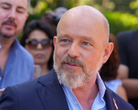 California Republican gubernatorial candidate Steve Hilton speaks to reporters outside the state Capitol in Sacramento on 3 June.