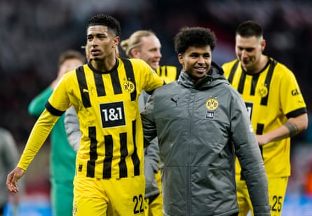 Jude Bellingham (left) with Karim Adeyemi after their win at Leverkusen.