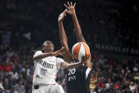 Valkyries guard Tiffany Hayes goes up for a layup against the Acesâ Kalani Brown during the second half of FridayâÂÂs WNBA semi-final Game 3 in Las Vegas.