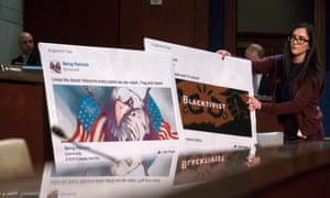 Graphics of Facebook pages created by the Russian troll factory displayed during a House (Select) Intelligence Committee hearing.