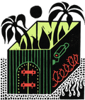 Illustration of a fortified bunker filled with trees, with barred doors and barbed wire along the side. A security camera points outward. Outside the bunker are flames and rocks.