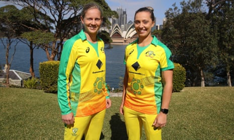 Meg Lanning and Ash Gardner sport the Indigenous designed uniform ahead of their T20 against England in February 2020.