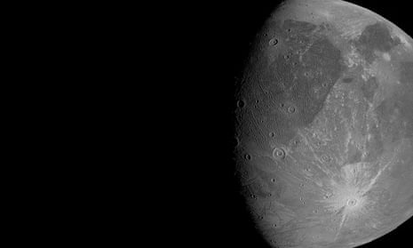 The Jovian moon Ganymede as the Juno spacecraft flies by.