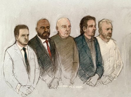 A court artist sketch of (from left) Mohammed Hassan, Norman Macksoni, Richard Wilkins, Connor Sanderson-Doyle and Dean Hamilton in court