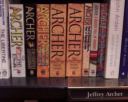 Jeffrey Archer’s books on the shelves in a bookshop.