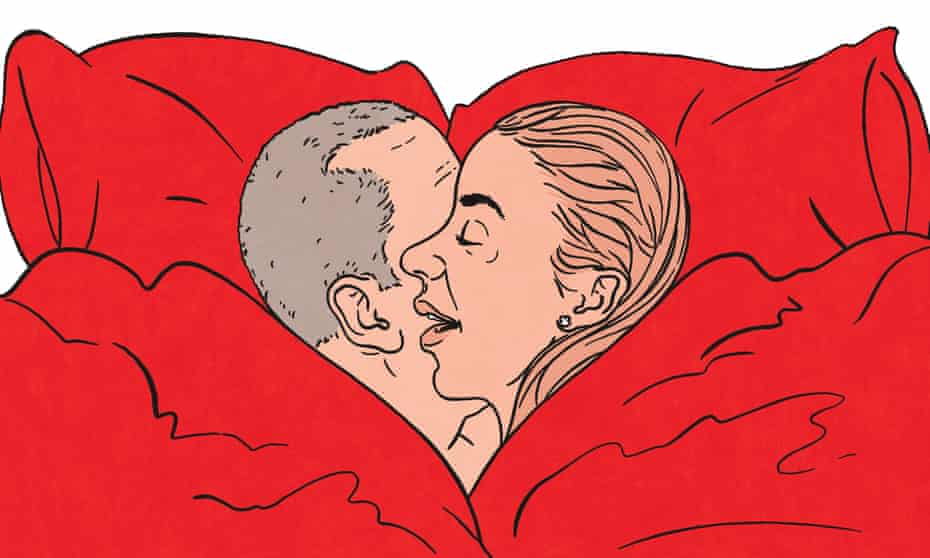 Illustration of couple in bed, whose heads form a heart shape amid red bedding.
