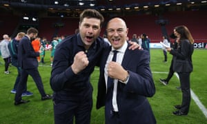 Mauricio Pochettino and Daniel Levy celebrate Spurs reaching the Champions League final after their stunning comeback against Ajax.