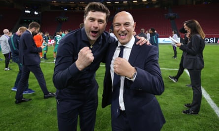 Pochettino and Levy enjoy the moment after Spurs’ miraculous comeback in Amsterdam saw them defeat Ajax to reach the Champions League final.