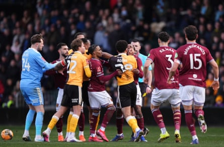Burton and West Ham United players confront each other after Freddie Potts was sent off