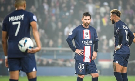 Messi with fellow megastars Kylian Mbappé and Neymar at PSG, perhaps the unhappiest club in Europe right now.