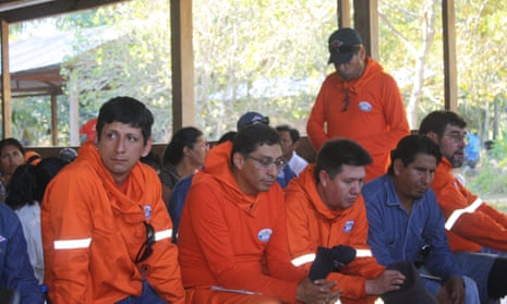 Workers from the Chinese firm BGP at a meeting in June in an indigenous Tacana village, very close to the company’s operations in the Bolivian Amazon.