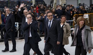Former members of the Catalan government arrive at Spain’s national court on Thursday morning.