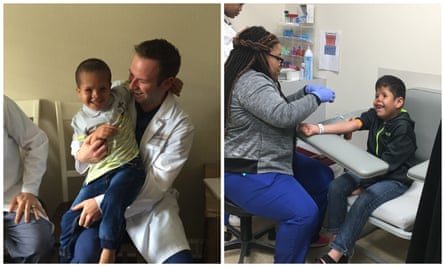 Left:Farid with Dr David Yates who was part of the surgical team that operated on him. Right: Qoosay Salout getting bloodwork done in the US.