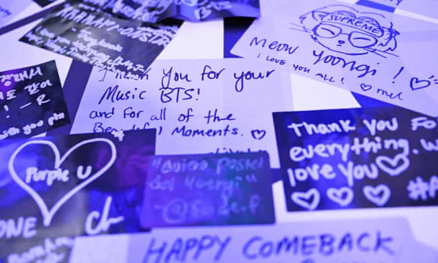 Notes from K-pop fans on a wall inside a BTS pop-up store to promote the album Proof in Los Angeles, California, this week.
