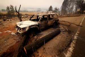 A burned car after the Dixie fire tore through.