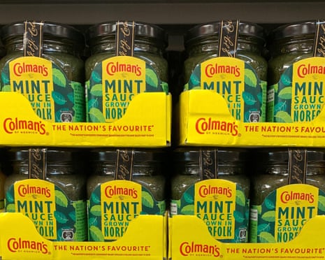 Colman's mint sauce jars on supermarket shelf
