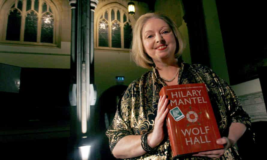 Hilary Mantel with a copy of her 2009 Booker-winning novel Wolf Hall.