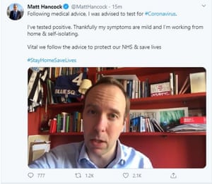 Matt Hancock making the announcement that he has tested positive for coronavirus via Twitter