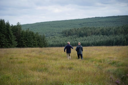 Two people walking through grassland towards a forest of sitka trees