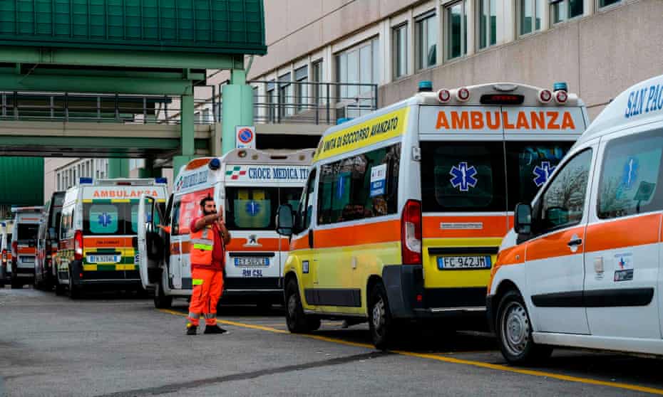Ambulances line up outside the emergency department at the Policlinico di Tor Vergata hospital in Rome.