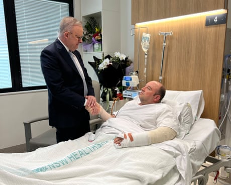 Australian prime minister Anthony Albanese visits Bondi beach terror attack hero Ahmed al-Ahmed in hospital on Tuesday.